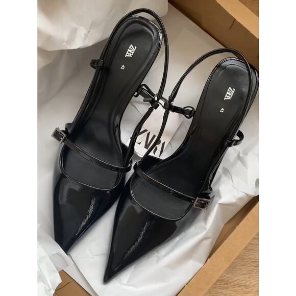 ZARA Faux Patent Leather Slingback Heels NWT 🔥 Pointed Toe Size 8 - Picture 6 of 16